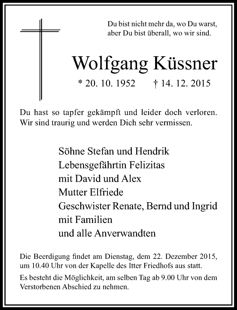  Traueranzeige für Wolfgang Küssner vom 19.12.2015 aus Rheinische Post