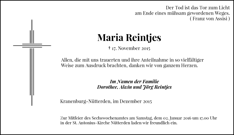  Traueranzeige für Maria Reintjes vom 23.12.2015 aus Rheinische Post