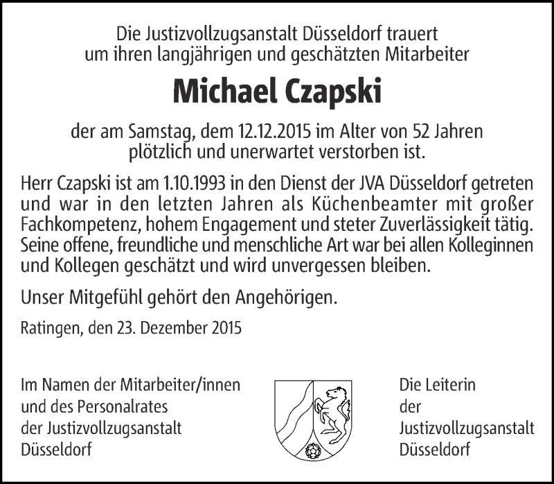  Traueranzeige für Michael Czapski vom 02.01.2016 aus Rheinische Post