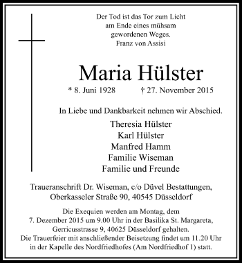 Traueranzeige von Maria Hülster von Rheinische Post