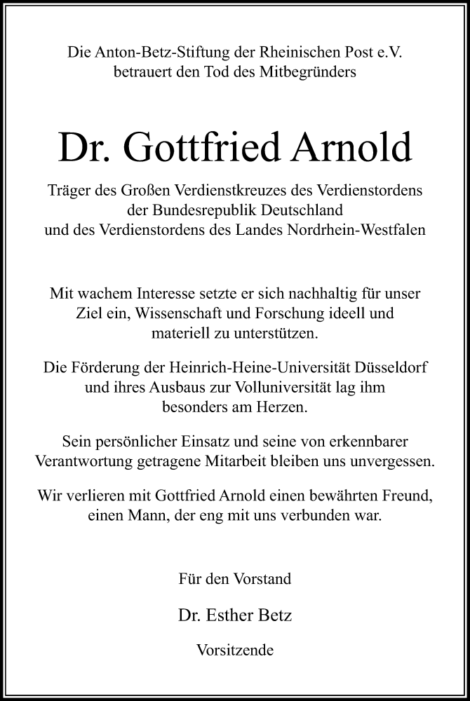  Traueranzeige für Gottfried Arnold vom 31.12.2015 aus Rheinische Post