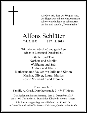 Traueranzeige von Alfons Schlüter von Rheinische Post