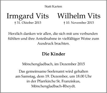 Traueranzeige von Wilhelm Vits von Rheinische Post