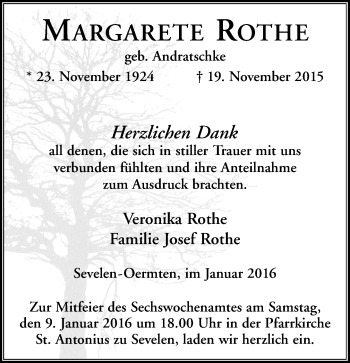 Traueranzeige von Margarete Rothe von Rheinische Post