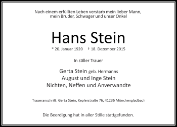 Traueranzeige von Hans Stein von Rheinische Post