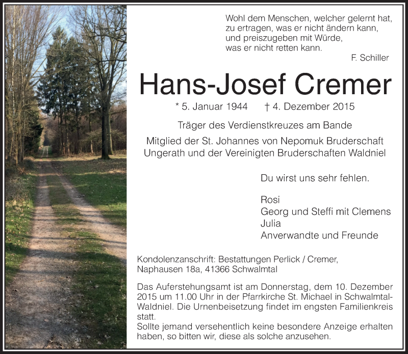  Traueranzeige für Hans-Josef Cremer vom 08.12.2015 aus Rheinische Post