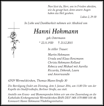 Traueranzeige von Hanni Hohmann von Rheinische Post