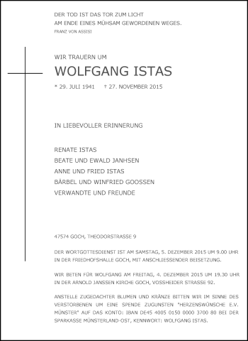 Traueranzeige von Wolfgang Istas von Rheinische Post