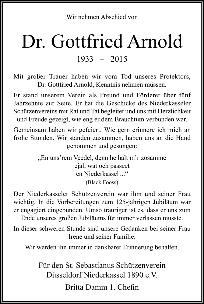  Traueranzeige für Gottfried Arnold vom 31.12.2015 aus Rheinische Post