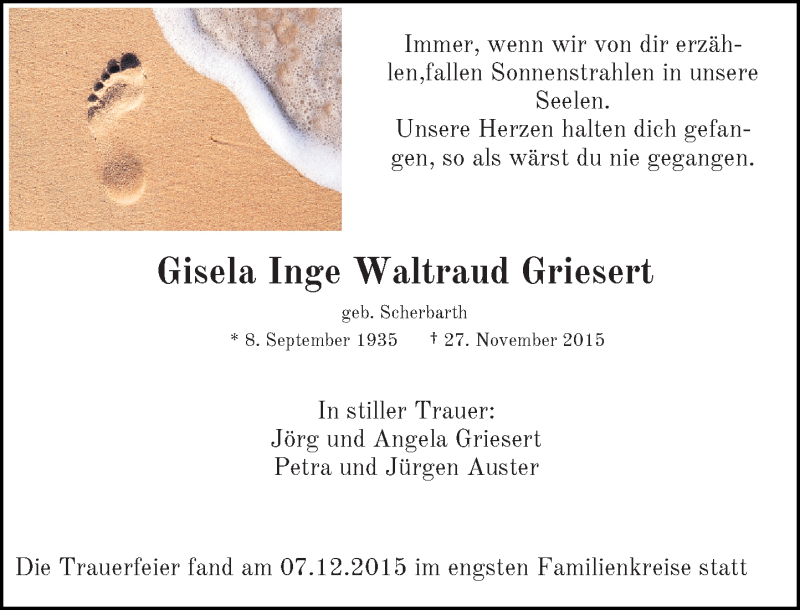  Traueranzeige für Gisela Inge Waltraud Griesert vom 09.12.2015 aus Rheinische Post