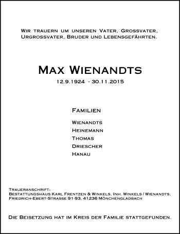 Traueranzeige von Max Wienandts von Rheinische Post