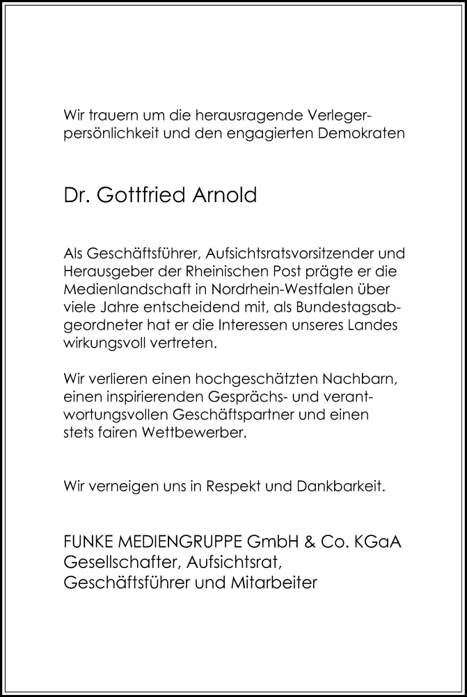  Traueranzeige für Gottfried Arnold vom 31.12.2015 aus Rheinische Post