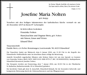 Traueranzeige von Josefine Maria Nolten von Rheinische Post