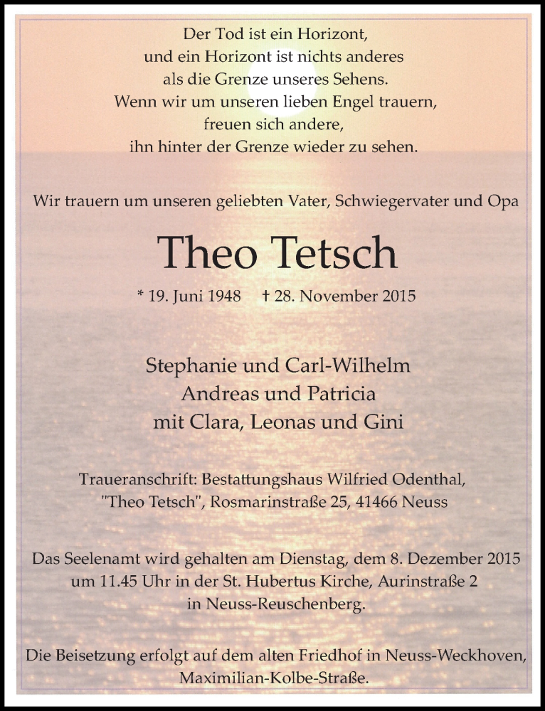  Traueranzeige für Theo Tetsch vom 05.12.2015 aus Rheinische Post