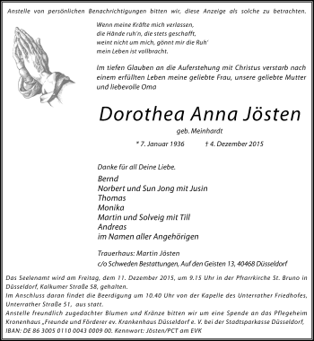 Traueranzeige von Dorothea Anna Jösten von Rheinische Post