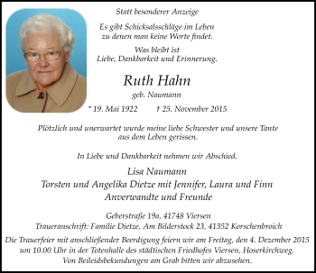 Traueranzeige von Ruth Hahn von Rheinische Post