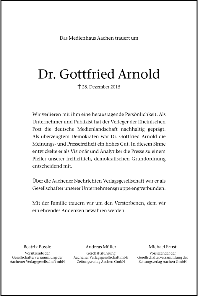  Traueranzeige für Gottfried Arnold vom 31.12.2015 aus Rheinische Post