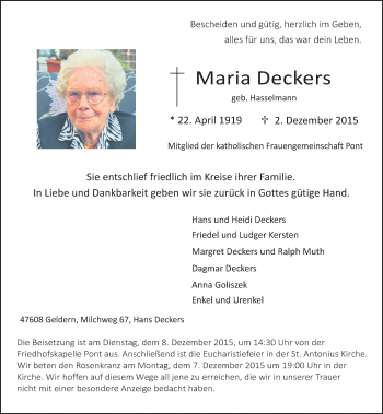 Traueranzeige von Maria Deckers von Rheinische Post