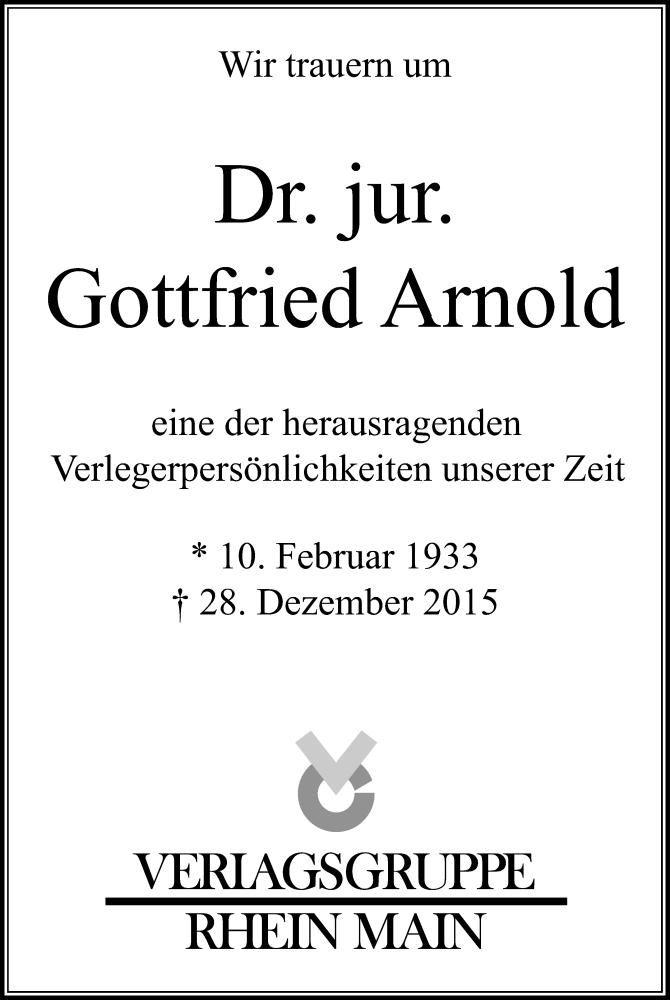  Traueranzeige für Gottfried Arnold vom 31.12.2015 aus Rheinische Post