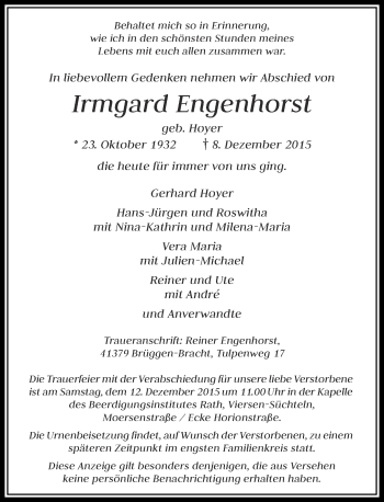 Traueranzeige von Irmgard Engenhorst von Rheinische Post