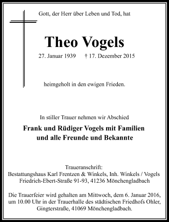 Traueranzeige von Theo Vogels von Rheinische Post