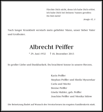 Traueranzeige von Albrecht Peiffer von Rheinische Post