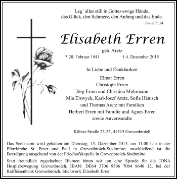 Traueranzeige von Elisabeth Erren von Rheinische Post