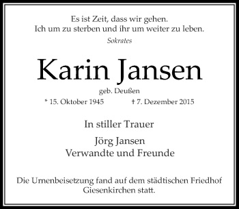 Traueranzeige von Karin Jansen von Rheinische Post