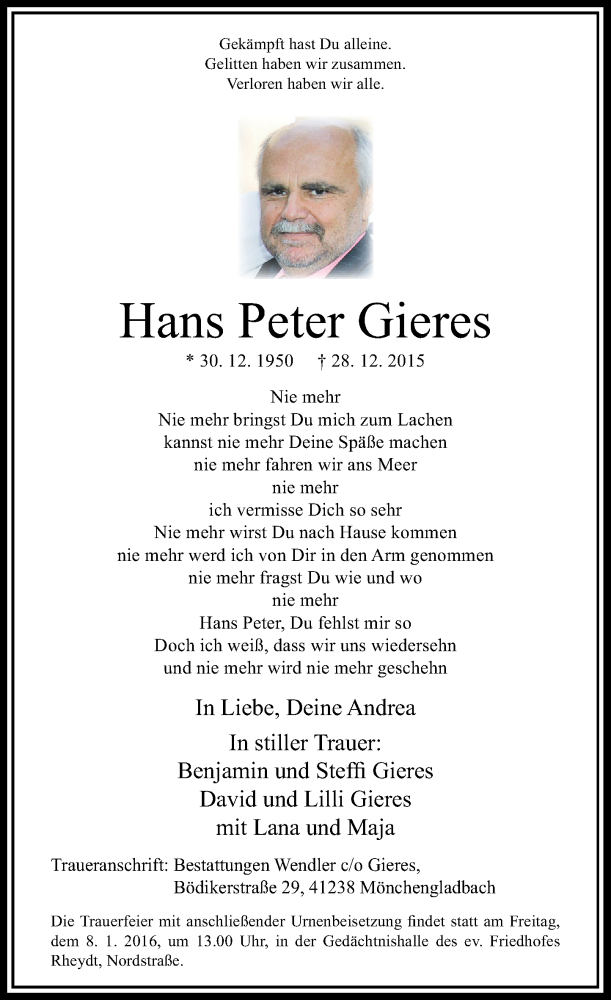  Traueranzeige für Hans Peter Gieres vom 02.01.2016 aus Rheinische Post