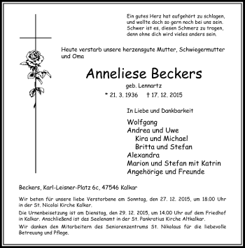Traueranzeige von Anneliese Beckers von Rheinische Post