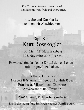 Traueranzeige von Kurt Rosskogler von Rheinische Post
