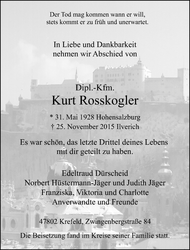  Traueranzeige für Kurt Rosskogler vom 12.12.2015 aus Rheinische Post