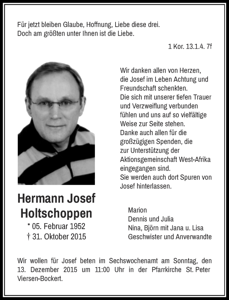  Traueranzeige für Hermann Josef Holtschoppen vom 05.12.2015 aus Rheinische Post