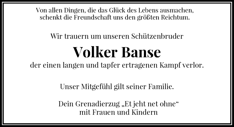  Traueranzeige für Volker Banse vom 12.12.2015 aus Rheinische Post