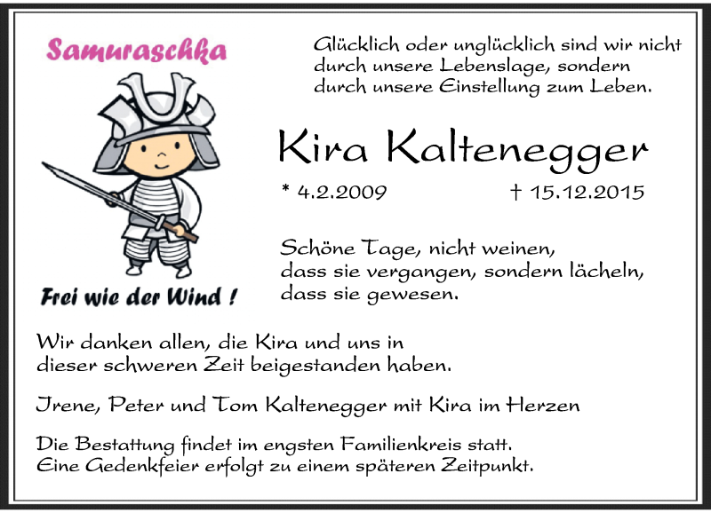  Traueranzeige für Kira Kaltenegger vom 22.12.2015 aus Rheinische Post