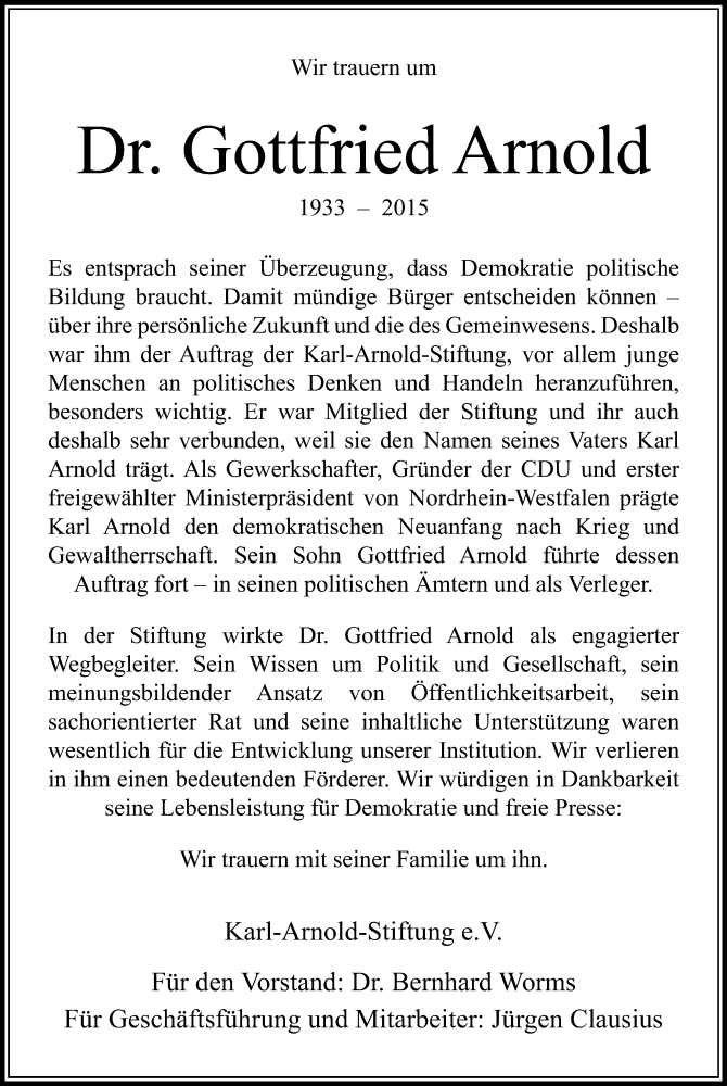  Traueranzeige für Gottfried Arnold vom 31.12.2015 aus Rheinische Post