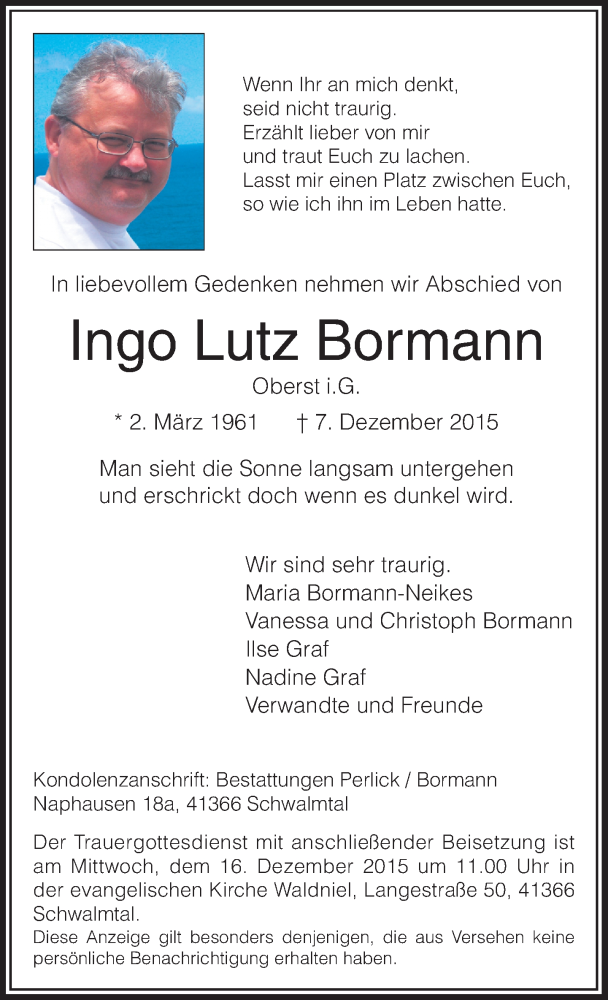  Traueranzeige für Ingo Lutz Bormann vom 12.12.2015 aus Rheinische Post