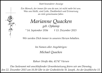 Traueranzeige von Marianne Quacken von Rheinische Post
