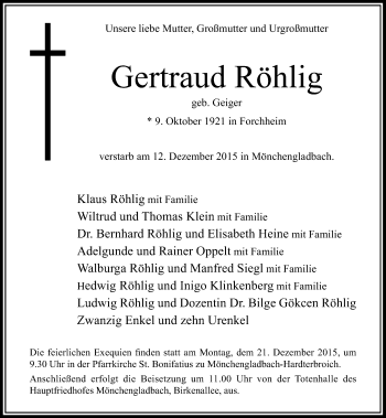 Traueranzeige von Gertraud Röhlig von Rheinische Post