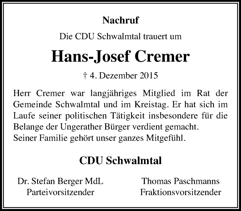  Traueranzeige für Hans-Josef Cremer vom 09.12.2015 aus Rheinische Post