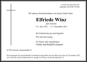 Traueranzeige von Elfriede Winz von Rheinische Post