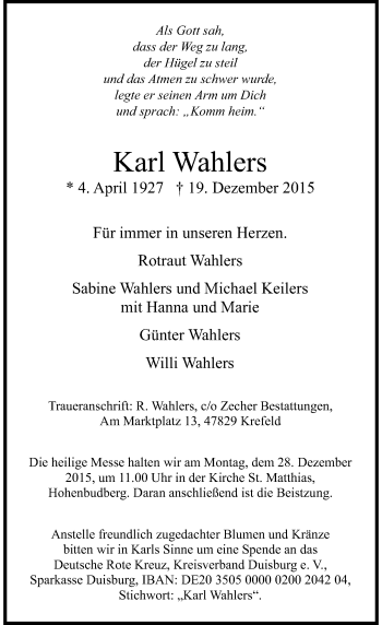 Traueranzeige von Karl Wahlers von Rheinische Post