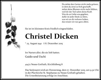 Traueranzeige von Christel Dicken von Rheinische Post