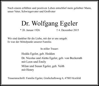 Traueranzeige von Wolfgang Egeler von Rheinische Post