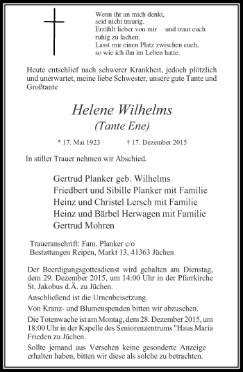 Traueranzeige von Helene Wilhelms von Rheinische Post