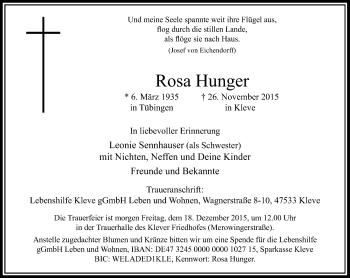 Traueranzeige von Rosa Hunger von Rheinische Post