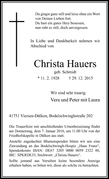 Traueranzeige von Christa Hauers von Rheinische Post