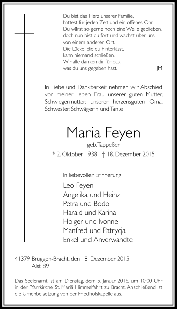 Traueranzeige von Maria Feyen von Rheinische Post