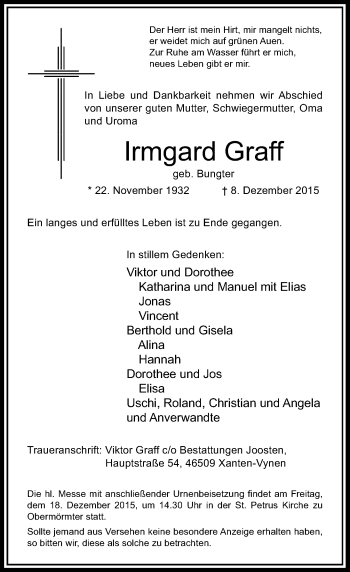 Traueranzeige von Irmgard Graff von Rheinische Post