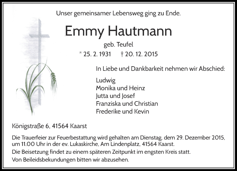  Traueranzeige für Emmy Hautmann vom 23.12.2015 aus Rheinische Post
